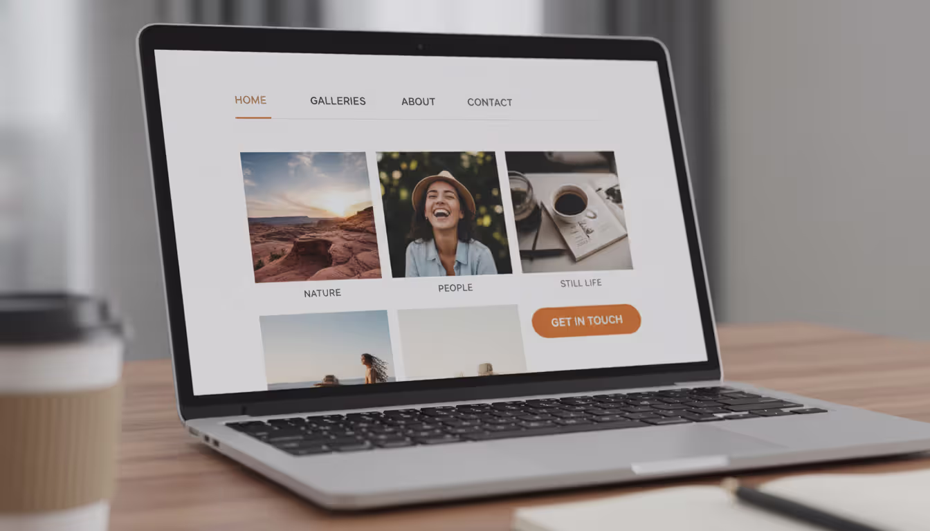 Laptop screen showing well-organized photography website with clear navigation menu and visible contact button