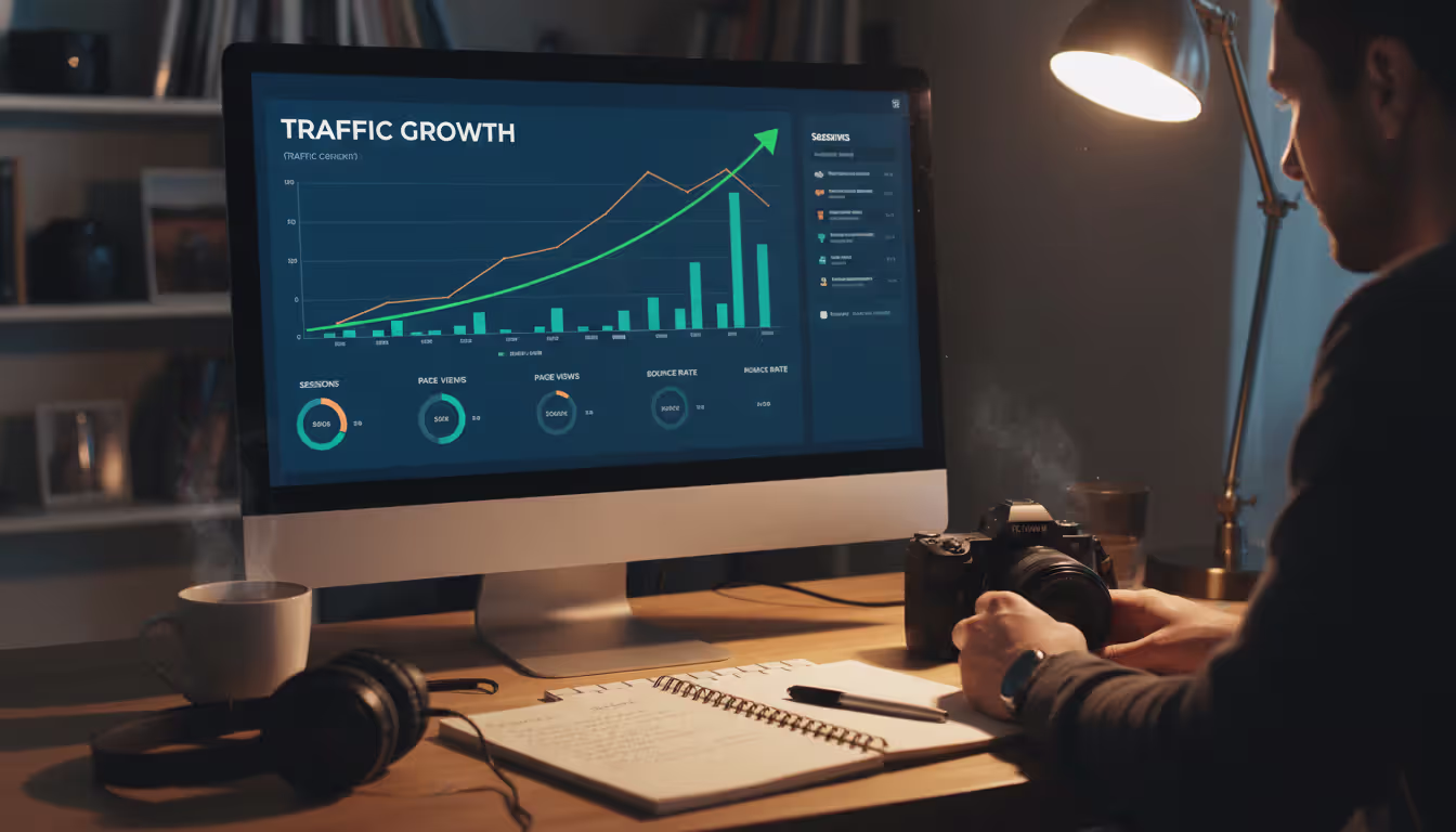 Photographer at desk reviewing website analytics with upward traffic growth chart on monitor and camera nearby
