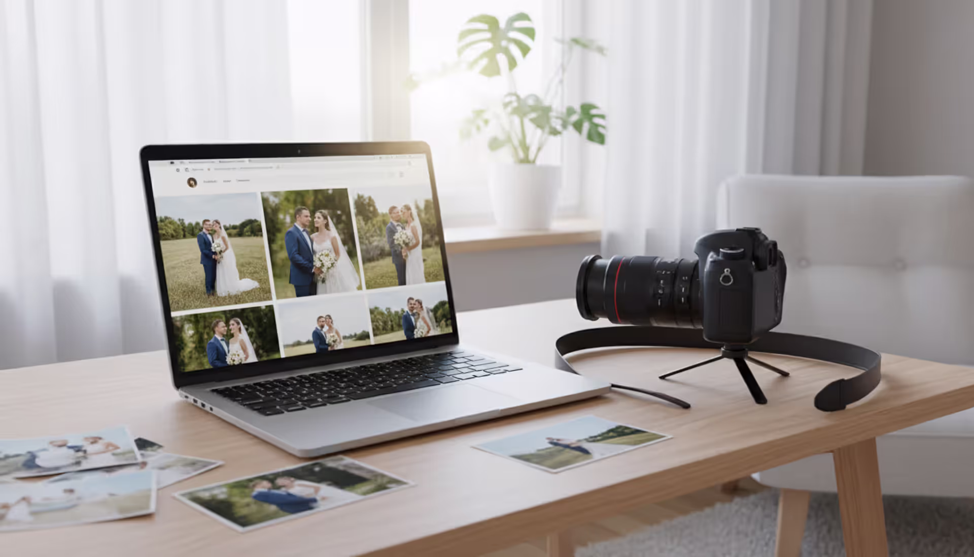Wedding photographer workspace with laptop showing portfolio website and professional camera on desk in natural light