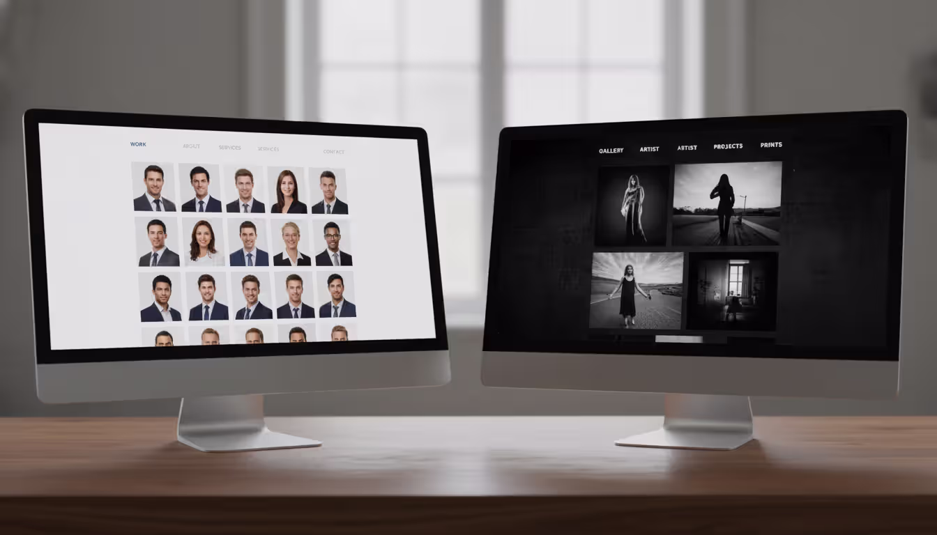 Two monitors side by side showing different photography portfolio designs — one bright and minimal with corporate portraits, one dark and dramatic with black and white fine art images