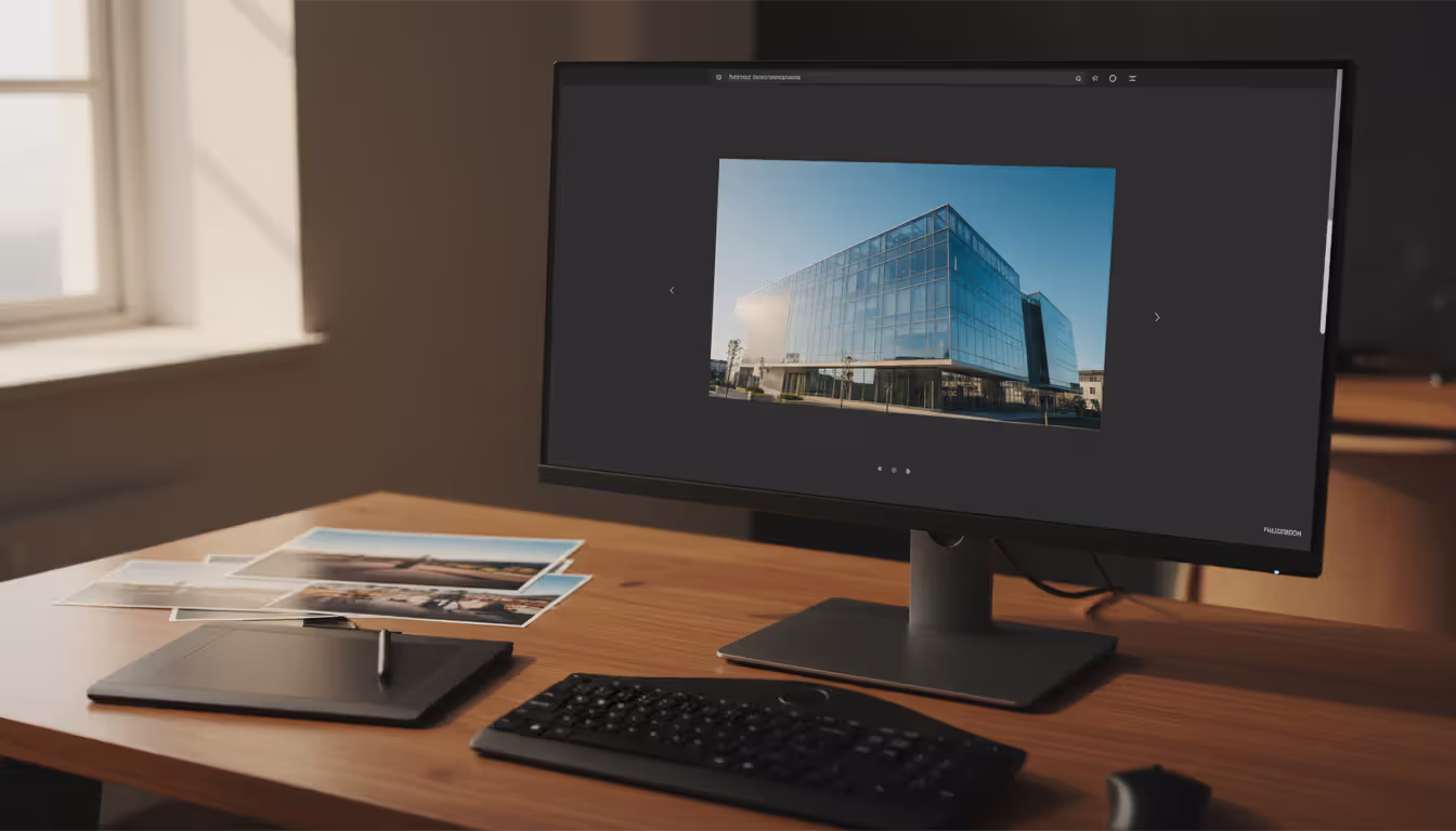 Computer screen displaying a full-screen architectural photography portfolio website with a modern glass building against blue sky on a photographer workspace desk
