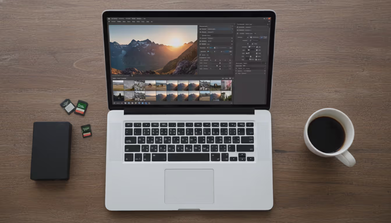 Top-down view of a photographer desk with laptop showing photo editing software and image thumbnails, SD cards, external hard drive, and coffee cup