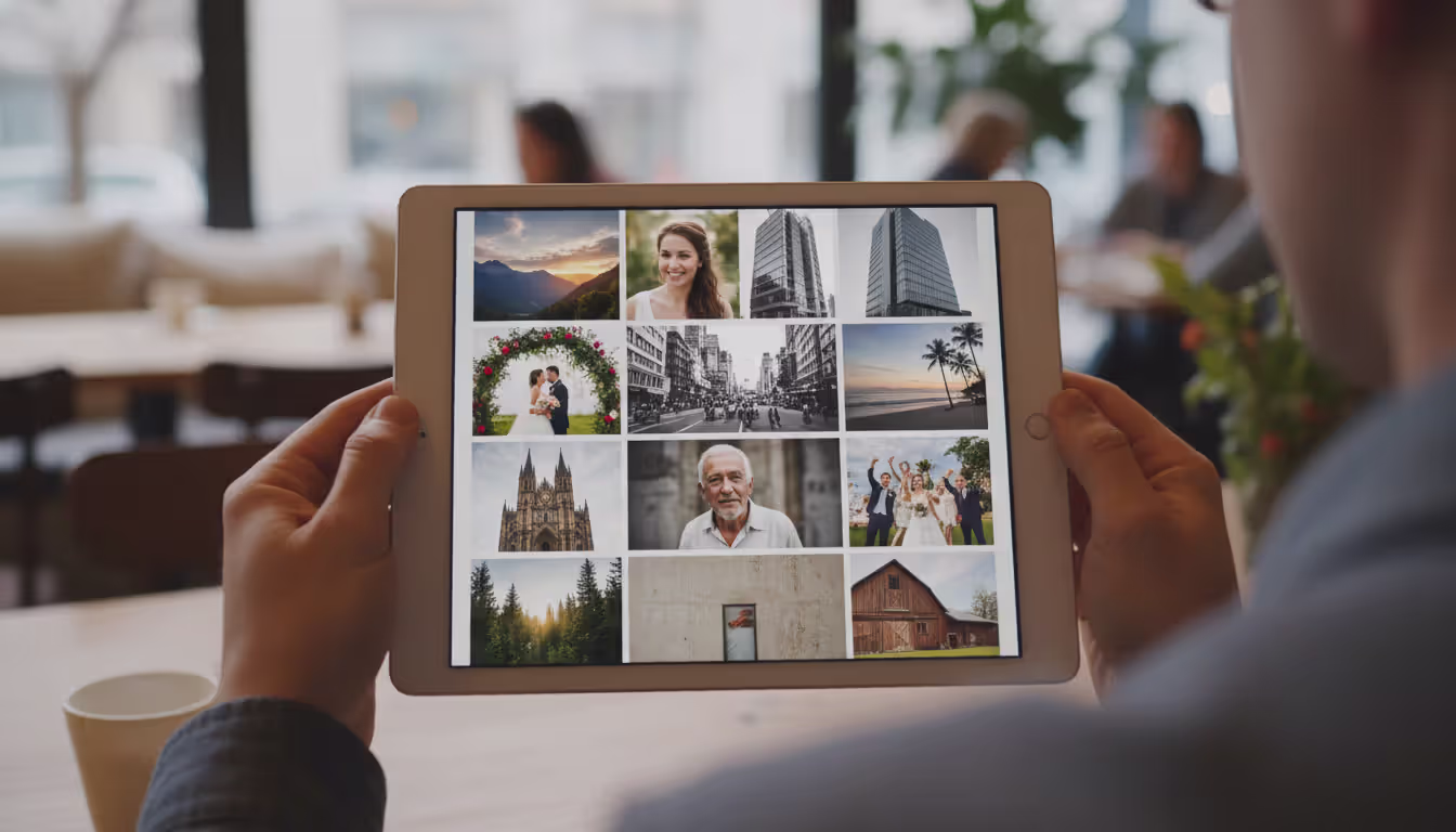 Hands holding a tablet displaying a photography portfolio grid layout with diverse images including landscapes, portraits, architecture, and wedding photos in a bright setting