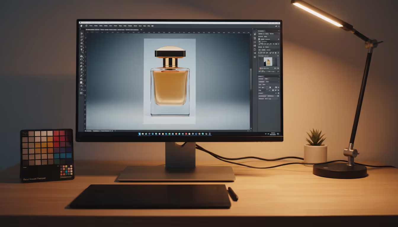 Photo retoucher workspace with large monitor displaying product image editing software and color calibration tools