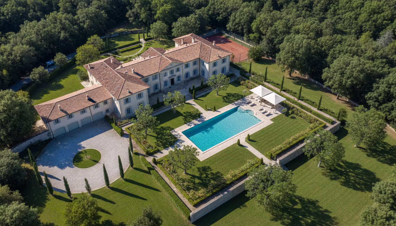 Aerial drone photograph of a luxury house with swimming pool and landscaped garden on a sunny day