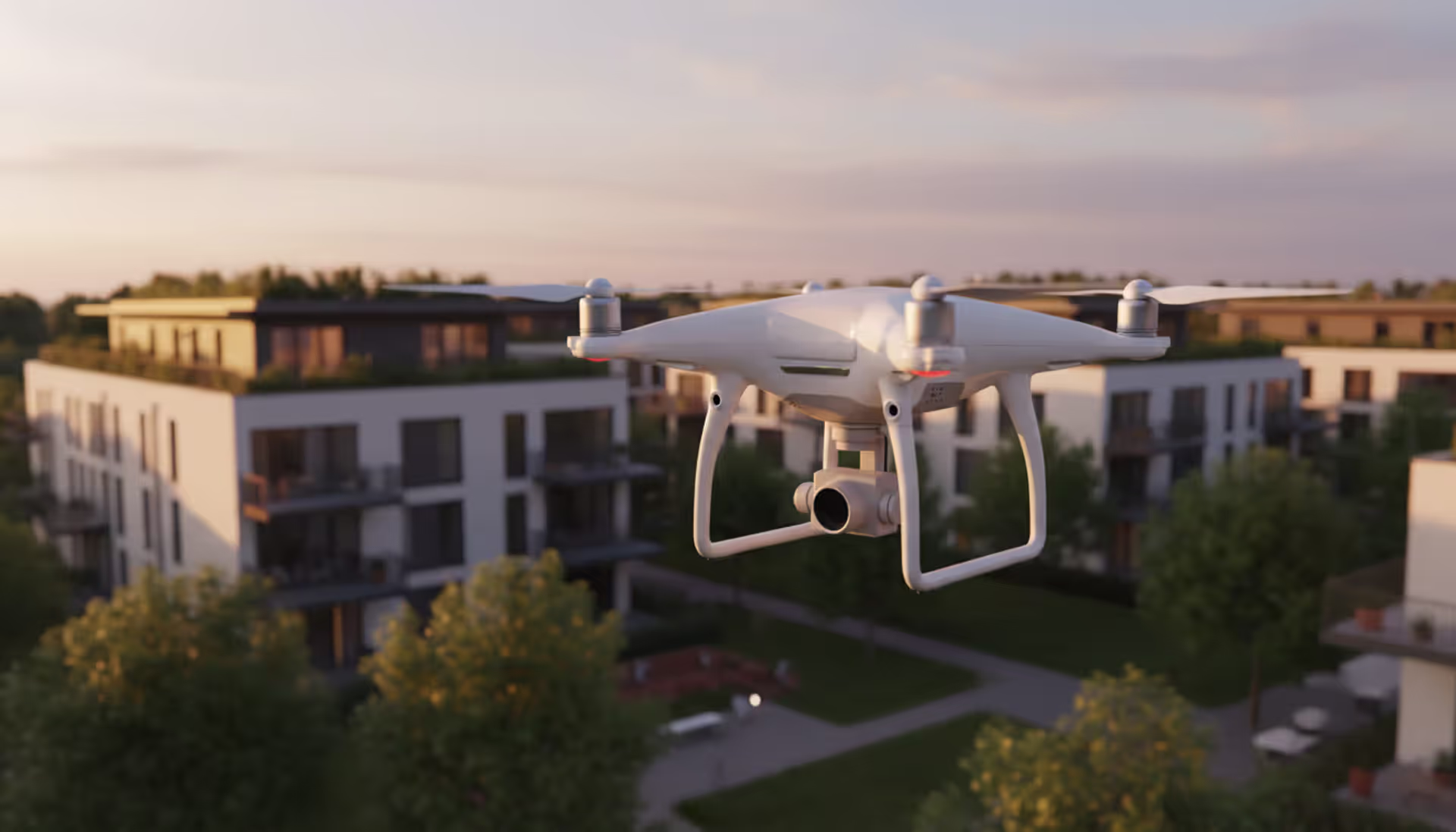 Professional camera drone hovering over a modern residential neighborhood at golden hour sunset