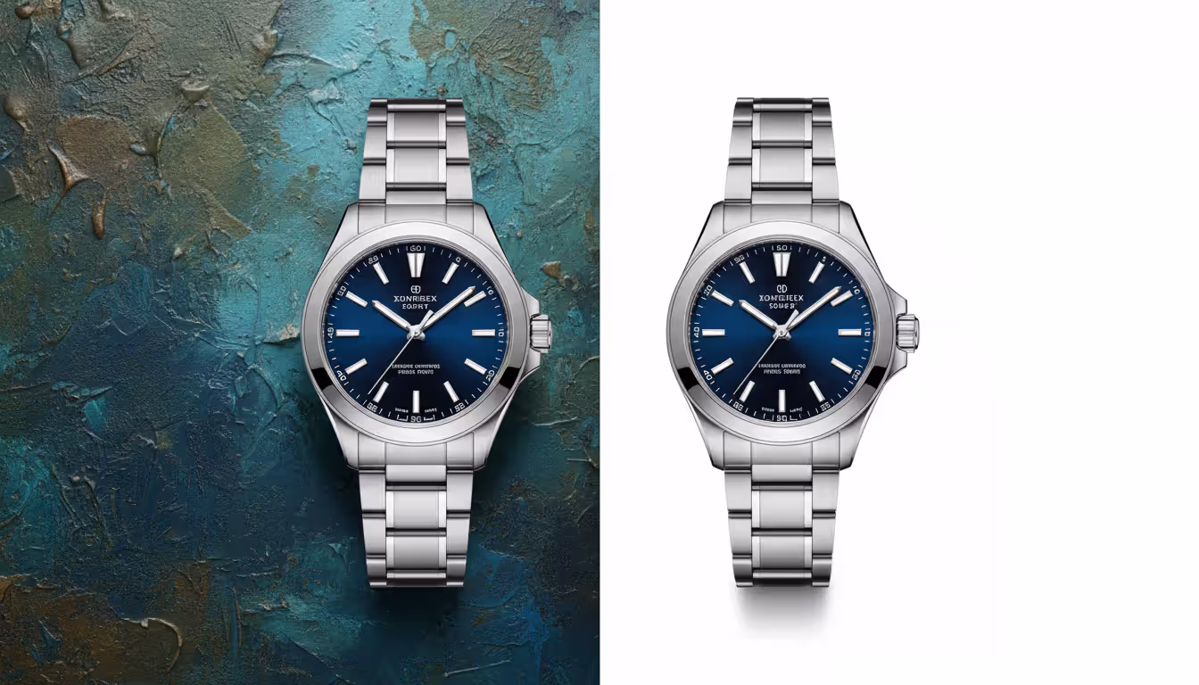 Side-by-side comparison of a wristwatch product photo on cluttered colored background versus clean pure white background