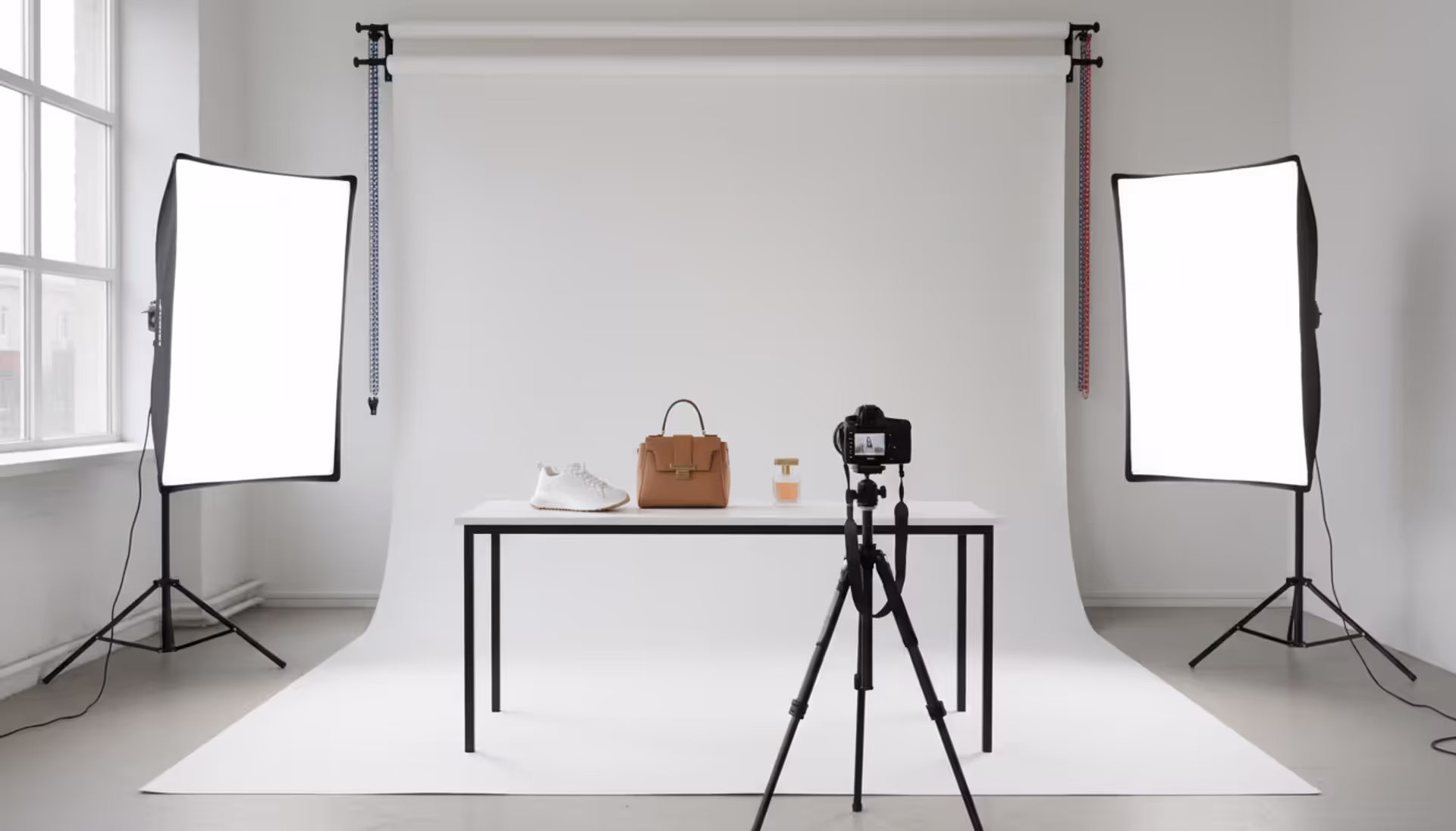 Professional ecommerce product photography studio with softbox lights, white backdrop, camera on tripod, and various products arranged on shooting table
