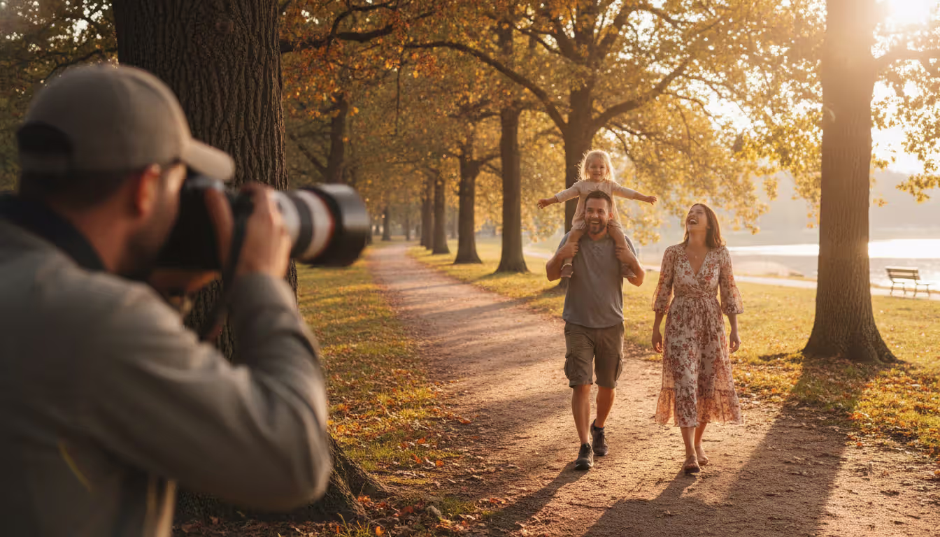 A photographer standing at a distance in a park capturing a family walking on a path with golden evening light filtering through trees father carrying daughter on shoulders