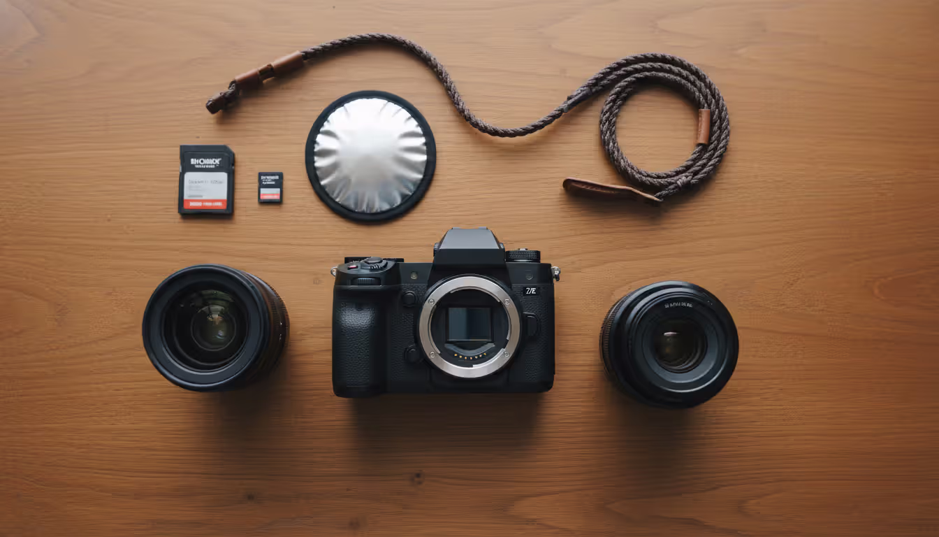 A flat lay of professional lifestyle photography equipment on a wooden table including a mirrorless camera three lenses a reflector and a memory card in soft diffused light