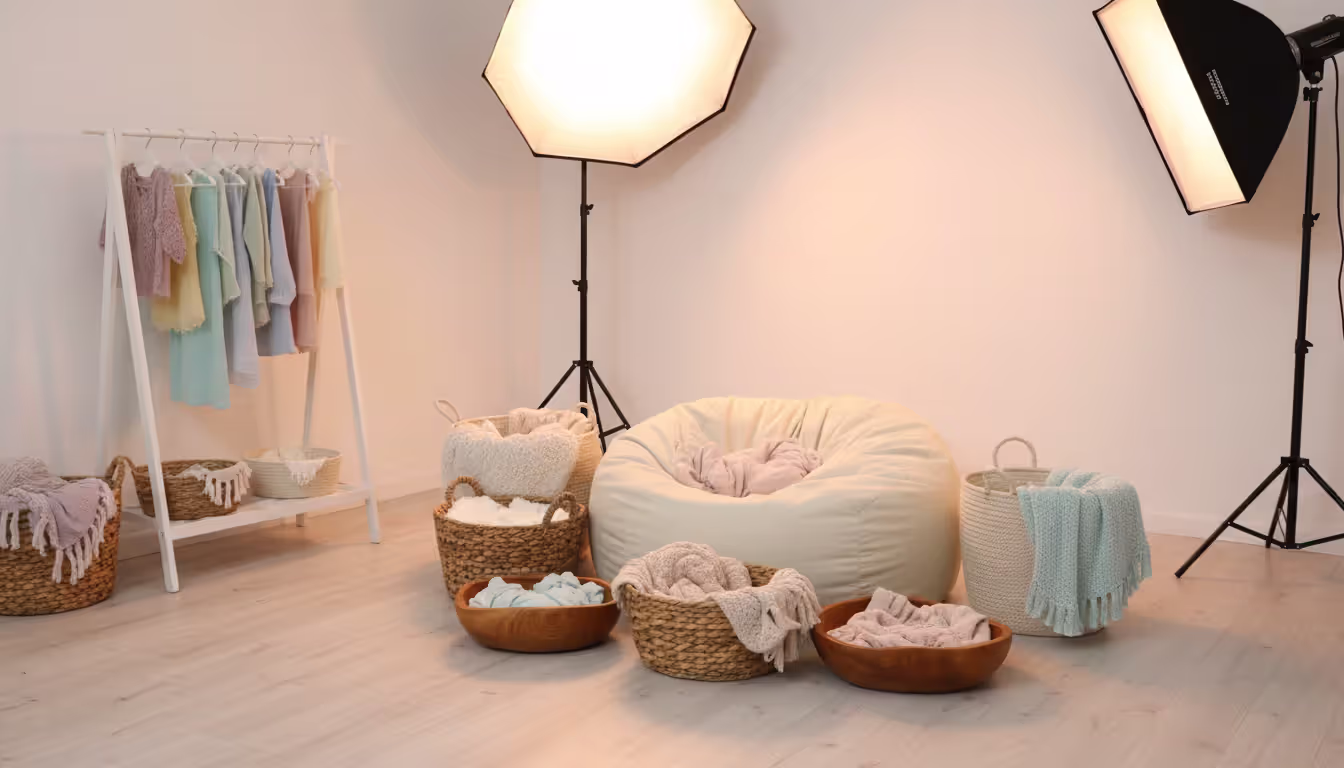 Professional newborn photography studio with beanbag positioner, wooden bowls, baskets, soft wraps on a rack, and warm studio lighting