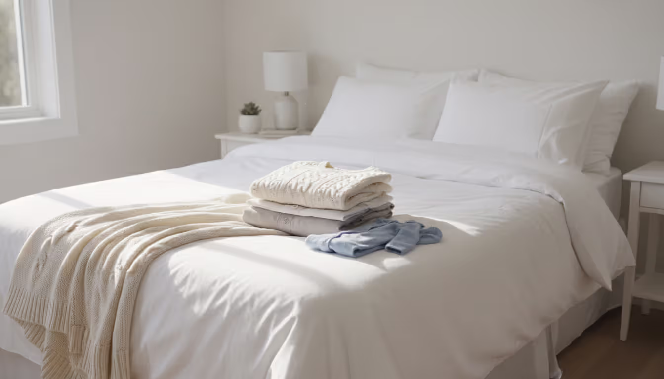 Neatly made bed with white linens in a bright bedroom, coordinating neutral family outfits laid out on the bed, soft window light, room prepared for a newborn photo session