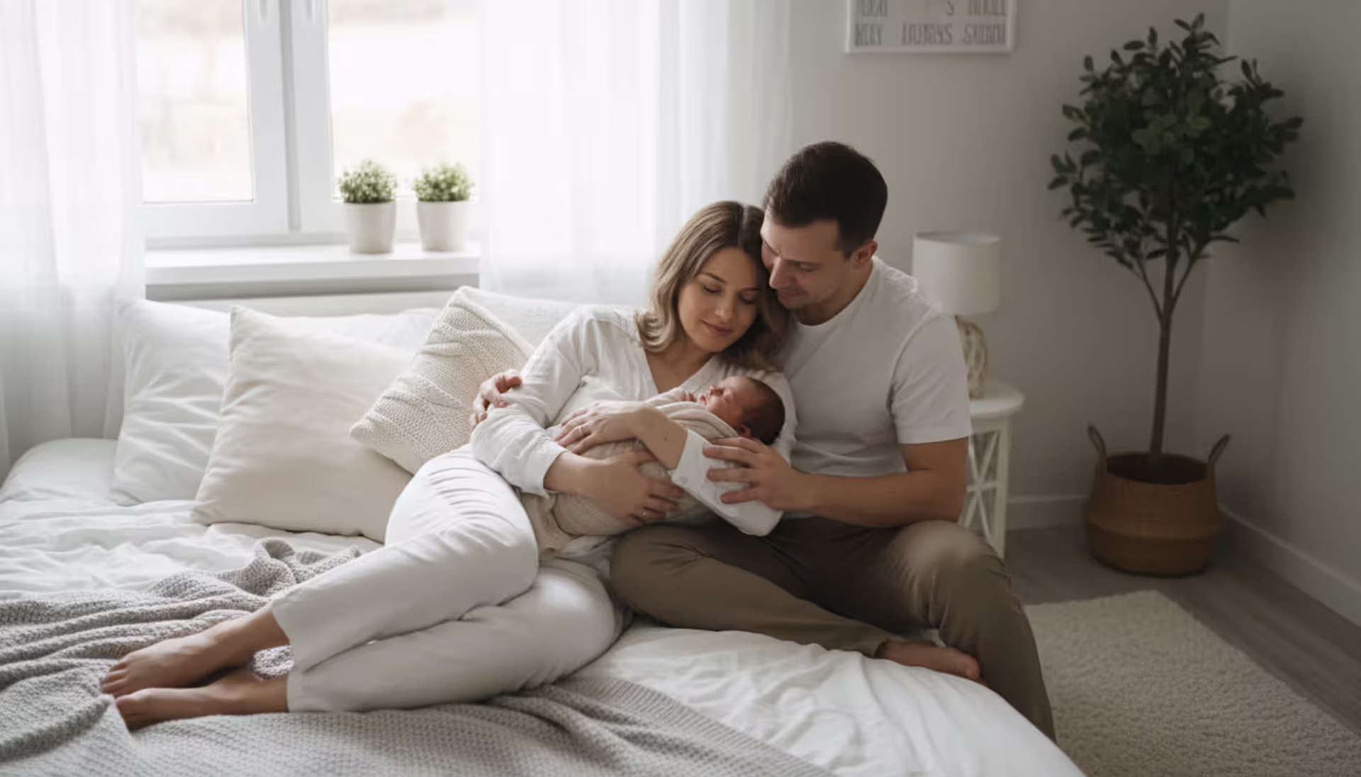 Mother and father lying on a white bed near a window with soft natural light, cuddling their sleeping newborn baby wrapped in a light swaddle