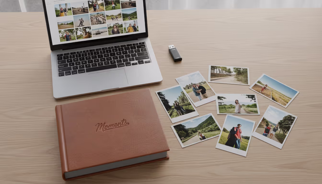 Flat lay of photography deliverables on a light desk including a laptop with photo gallery, USB drive, leather-bound photo album, and printed photographs