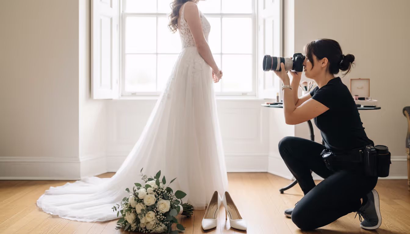 Wedding photographer capturing a bride getting ready near a window with natural light in a photojournalistic candid style