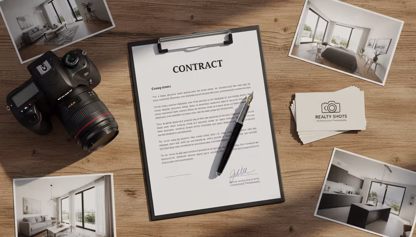 Flat lay top view of a signed contract with pen next to a professional camera lens business cards and printed real estate interior photos on a wooden desk