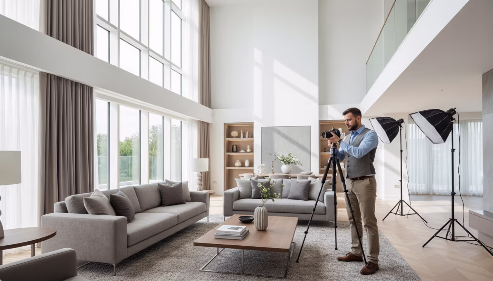 Professional real estate photographer with camera on tripod shooting a bright spacious living room interior with large windows and stylish furniture