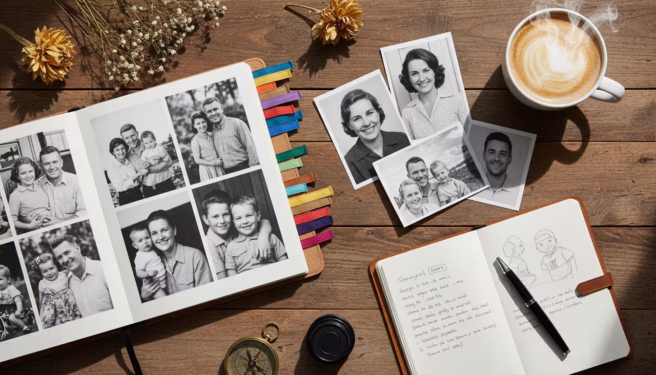 Flat lay of an open photo album with classic family portraits, printed photographs, a notebook with bookmarks, and a coffee cup on a wooden table