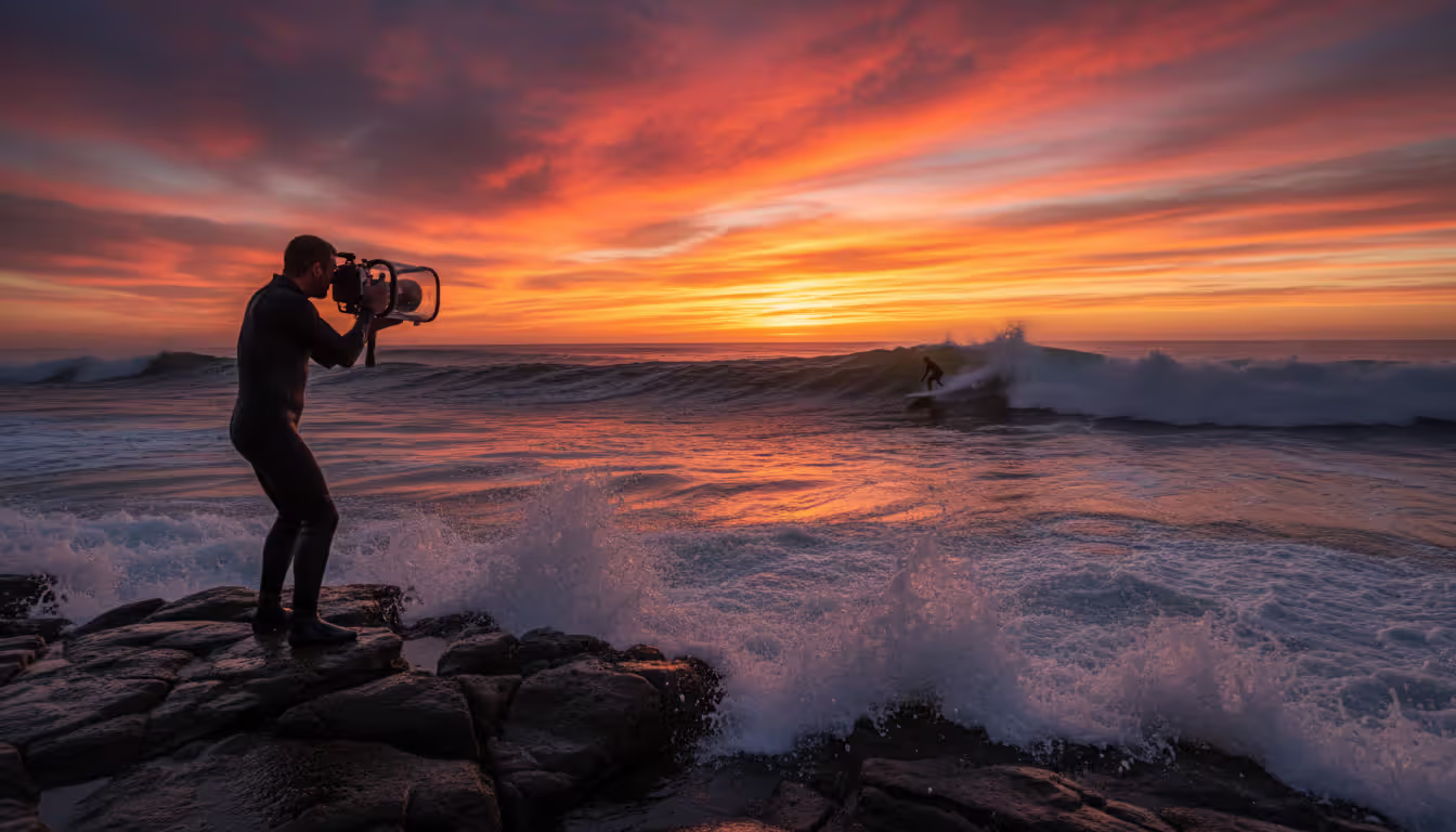 Action sports photographer standing on rocky ocean shore capturing surfer riding a wave at sunset with water splashing around