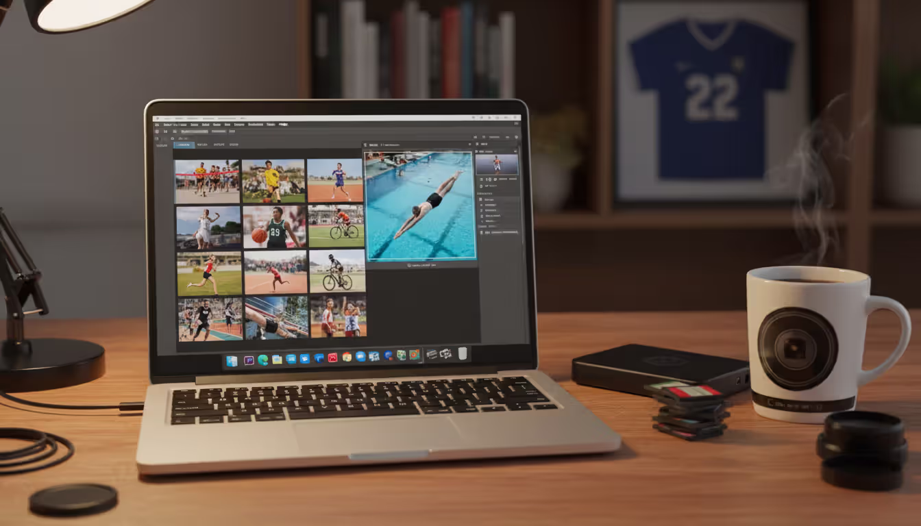 Sports photographer editing workspace with laptop showing photo editing software thumbnails of sports images memory cards and external hard drive on desk