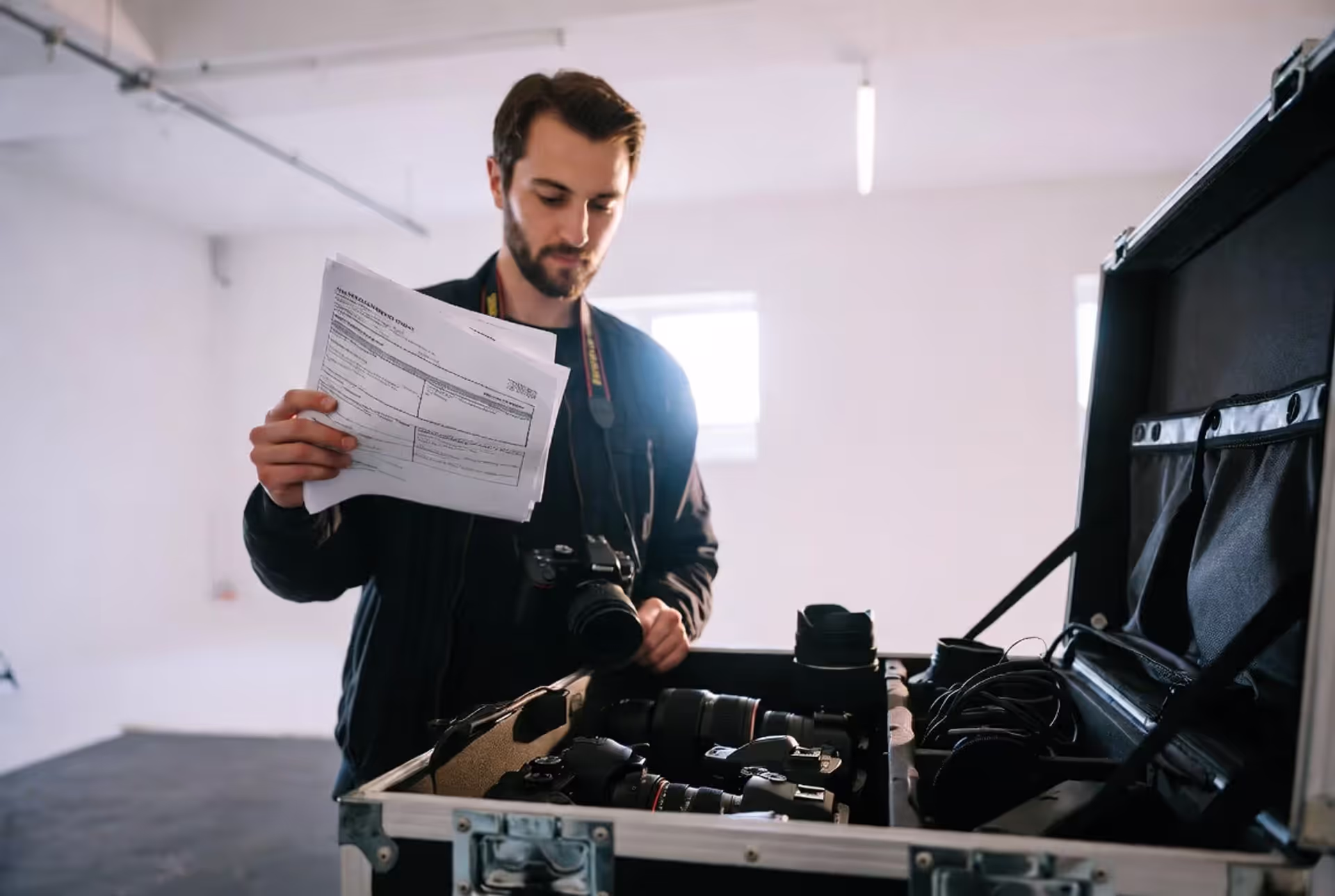 Professional photographer holding an insurance document next to an open equipment case with camera gear in a bright photo studio